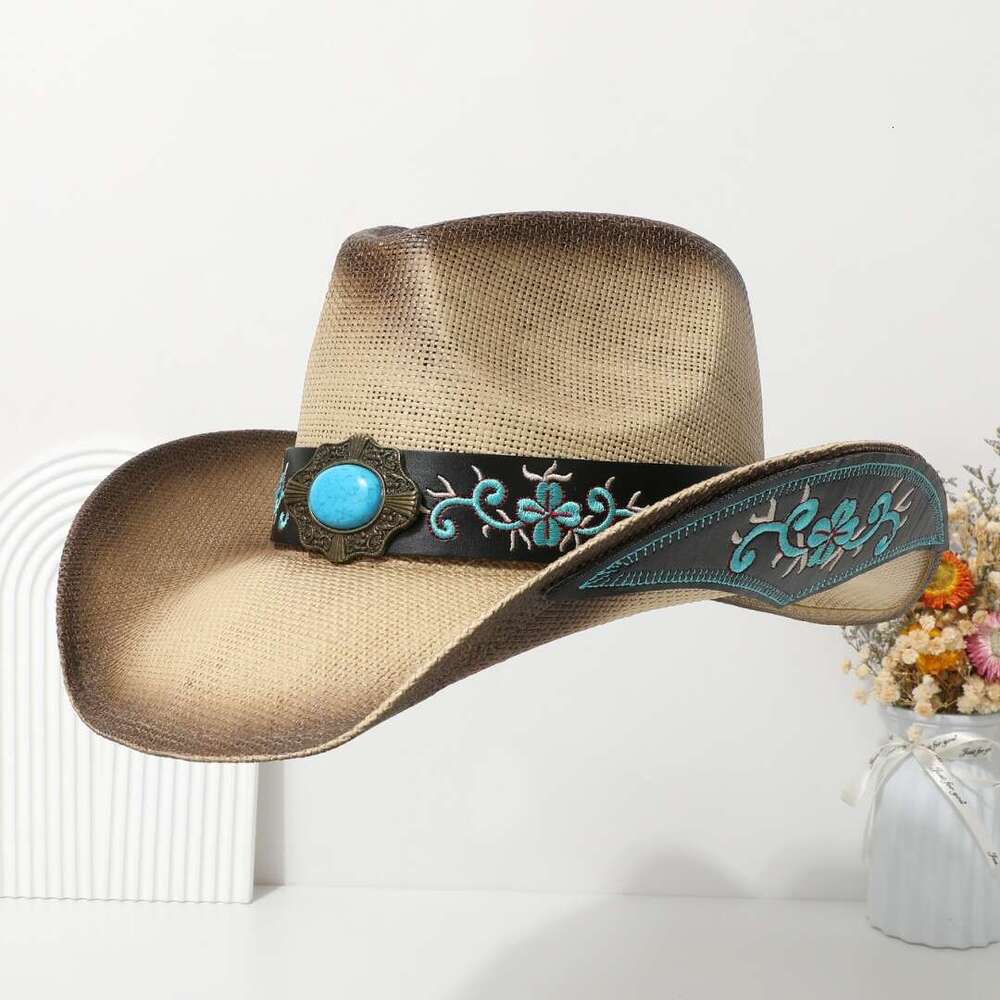 Cowboy Belt Accessories, High-End Embroidery, Large Eave Jazz Western Straw Hat, Woven, Unisex