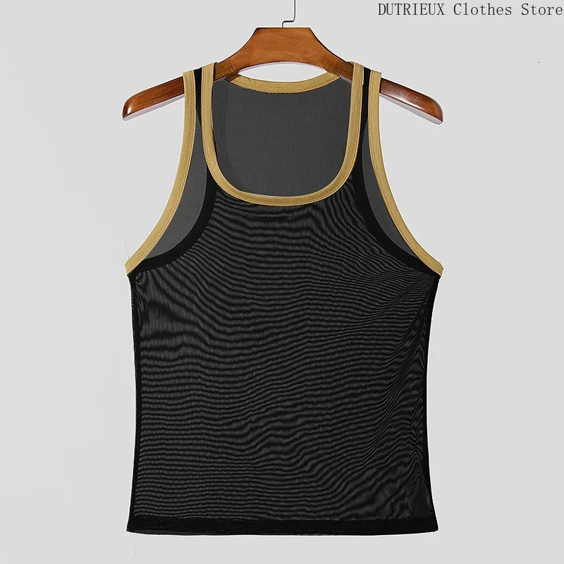 Sexy mesh see through ultra-thin mens vest summer sports and fitness tight fitting mens vest deep U-neck muscle mens vest 250414