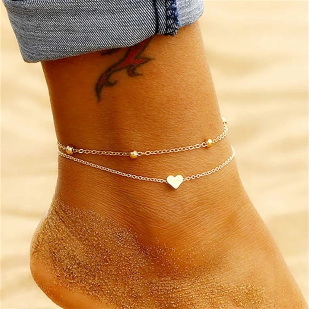 Double layered heart-shaped charm anklet suitable for women in summer gold silver stainless steel anklet anklet 250408