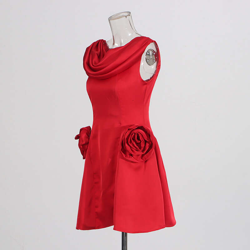 Designer Chic Sleeveless French Skirt with Swing Collar - High Waisted & Three-Dimensional Flowers