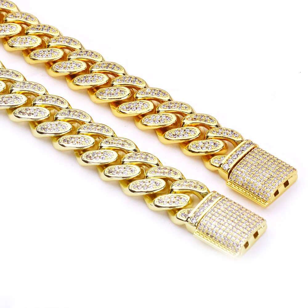 Hip Hop 14k Gold Plated Bling Iced Cuban Chain Jewelry Cadena Hombre 12mm 2 Rows Diamond 18k Gold Color Cuban Necklace