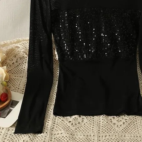 French patchwork mesh long sleeved womens autumn slim fit top 250407