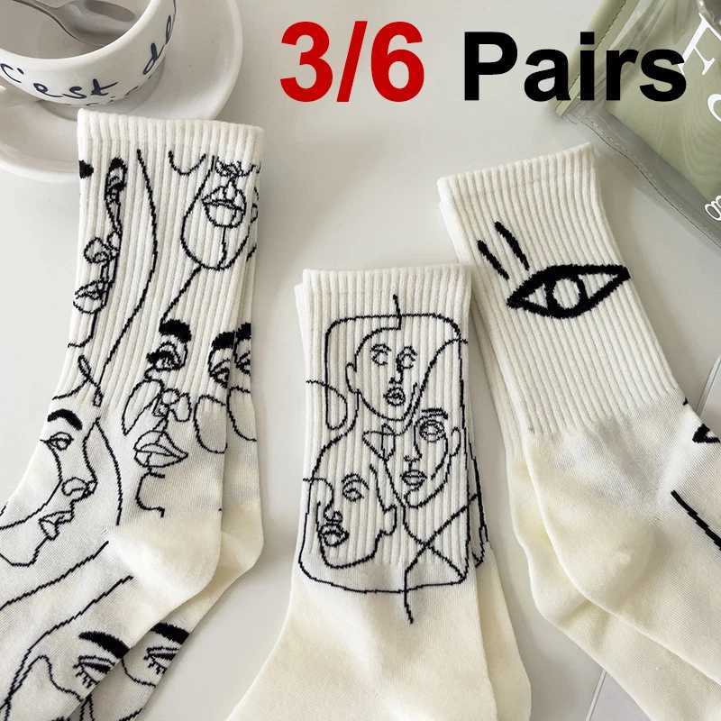 3/6 pairs of abstract lines painting cotton socks street trends sports sweatshirts absorbent breathable couple casual socks W250414