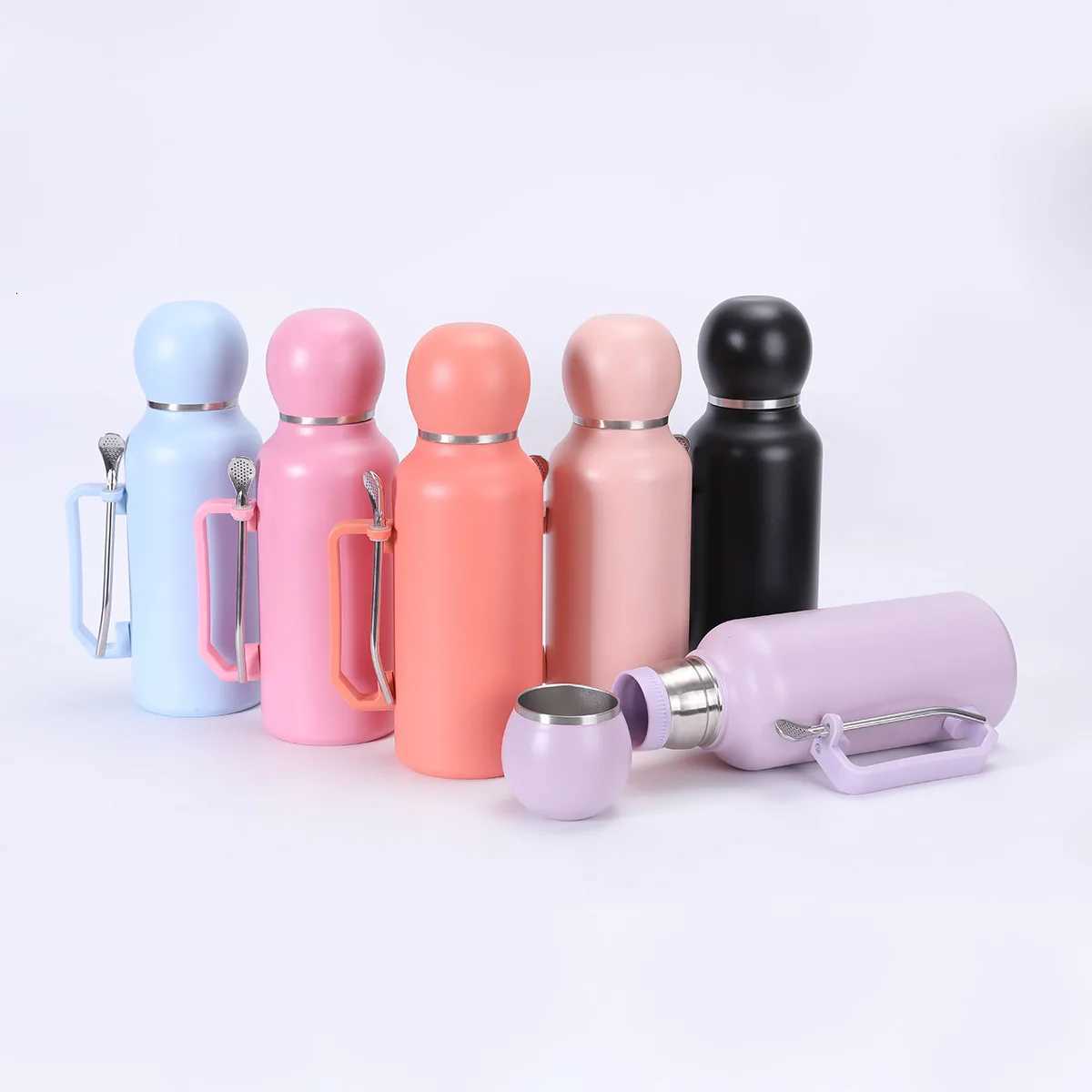Portable and Simple Car Cup with Spoon Large-capacity Solid-color Handle Cup Stainless Steel Outdoor Double-layer Insulated Cup C251114