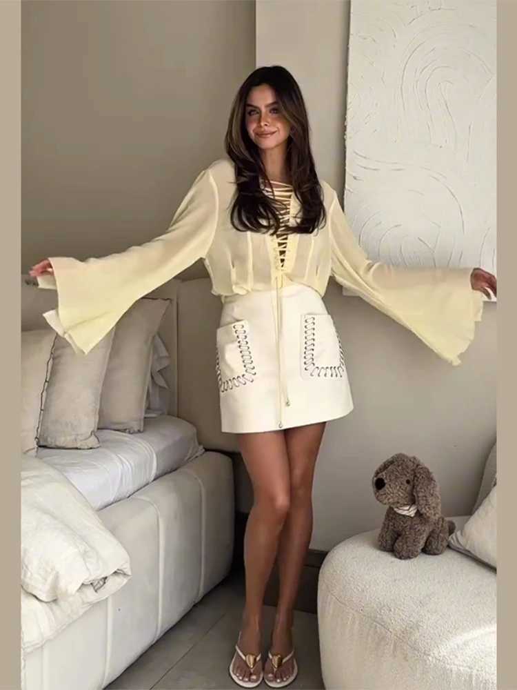 Ele shirt set womens fungal Drstring lace long shimmer Sve top elastic waist pleated ski suit fashionable vacationXJ250414