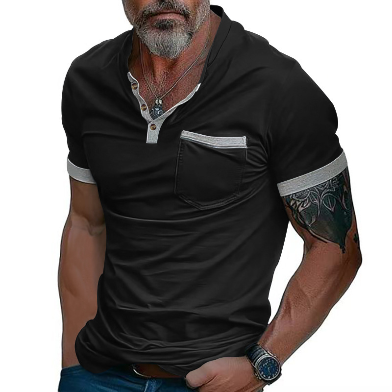 Polo shirt summer top 2025 solid color stand up collar pocket men's T-shirt