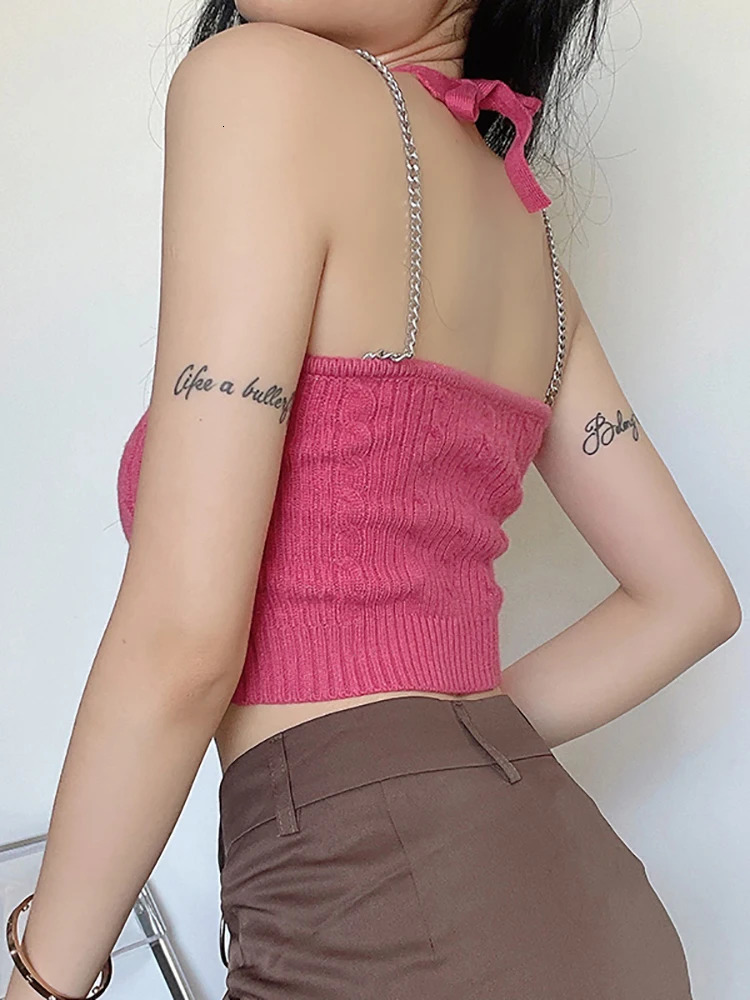 Heliar Womens Y2k Metal Chain Sexy Top Ribbed Knitted Crop Solid Camis Strap Sweet Cute 2024 Summer 250414Z