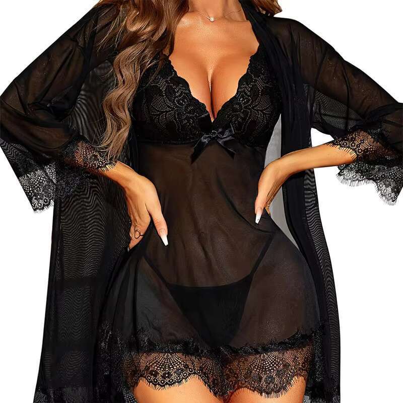 High Quality Valentine's Day Sexy Dresses Sheer Mesh Nightgown Robe With Plus Size Women Pamas Set