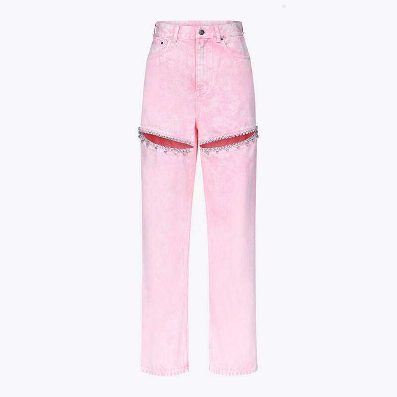 Designer Elegant Women's Spring 2025 Denim Jeans - High Rise, Straight Cut with Distinctive Diamond Pattern
