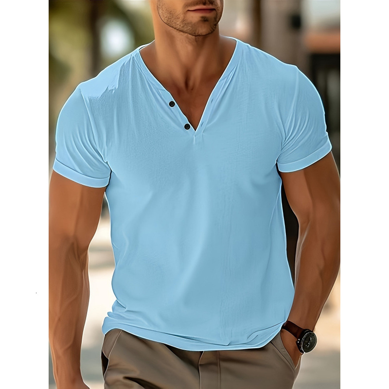 Mens solid color V-neck breathable sweat wicking casual sports lightweight regular short sleeved T-shirt
