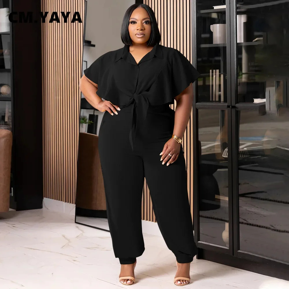 CM.YAYA Elegant Plus Size Loose Womens Set Tie Crop Ruffles Top pencil Pants Suits Streetwear Tracksuit Two 2 Piece Set 250410
