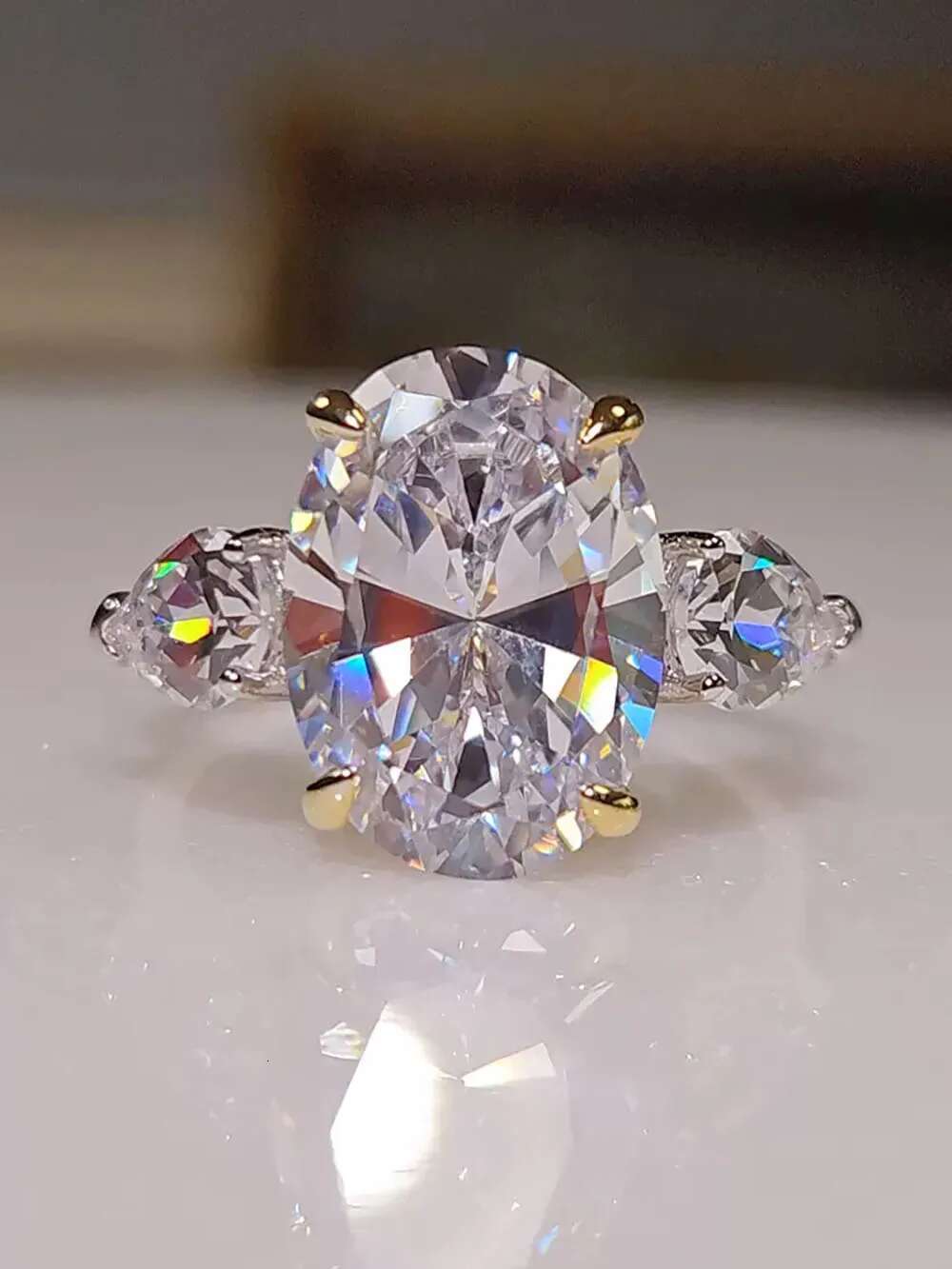 Custom Platinum PT950 Women Ring Moissanite Diamonds Oval Pear Water Drop Party Engagement Anniversary Wedding Ring Trendy