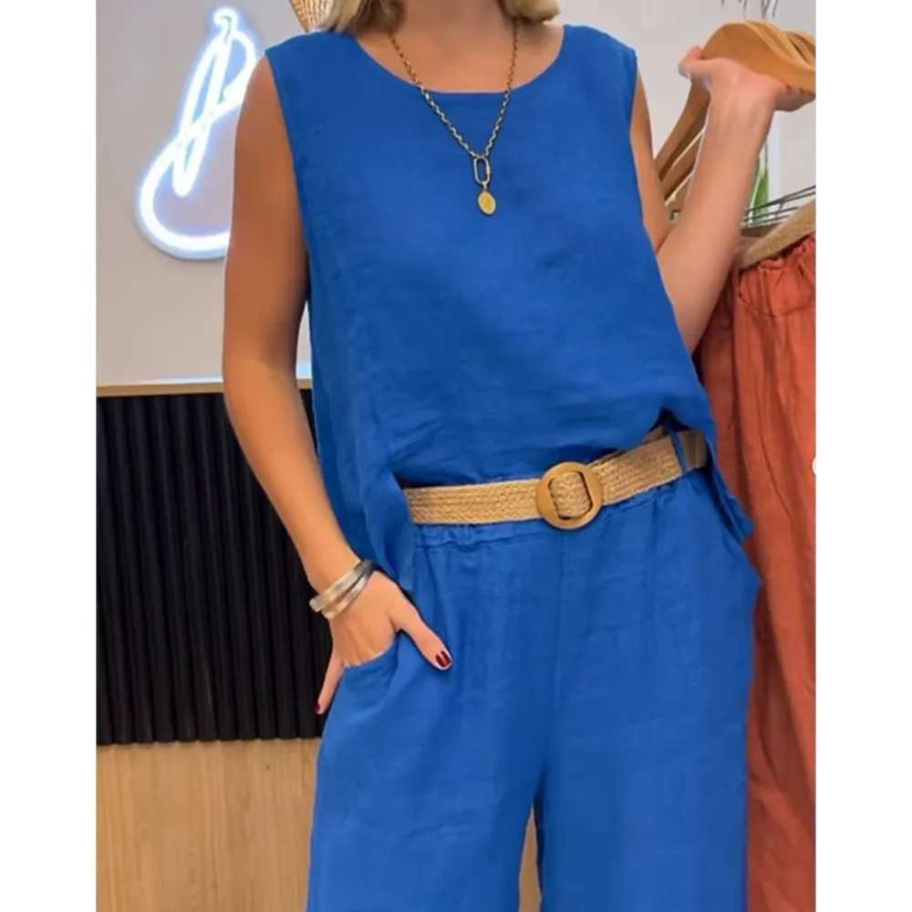 Fashion cotton linen velvet free O-neck womens T-shirt and pants 2-piece set Ele retro casual loose long leg pants Fe setXJ250414