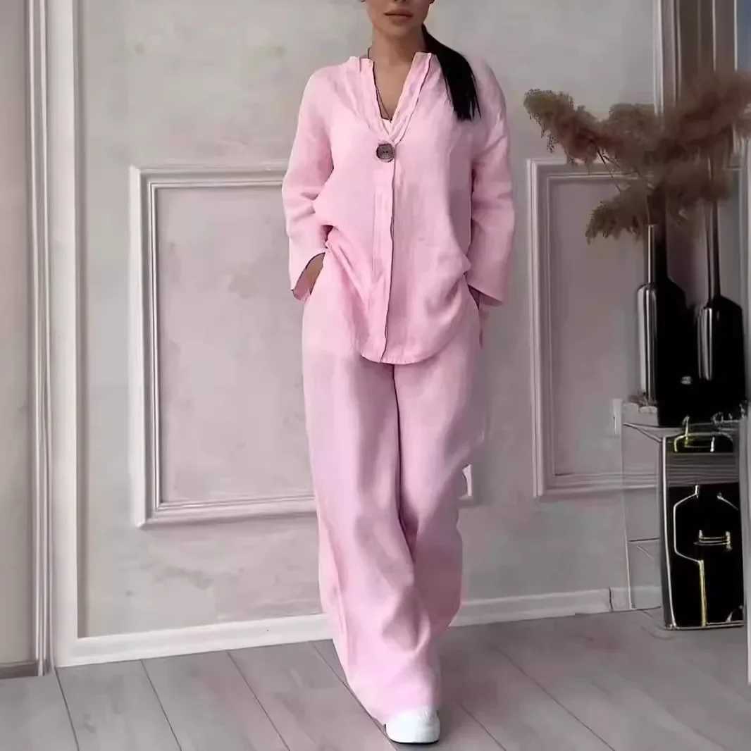 Comfortable loose cotton linen top wide leg pants casual womens fashion set spring and autumn clothing casual clothingXJ250414
