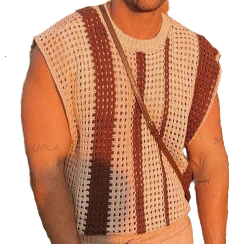 Mens Summer New Collection Mens Knitted Shirt Tank Top Striped Hollow Knitted T-shirt