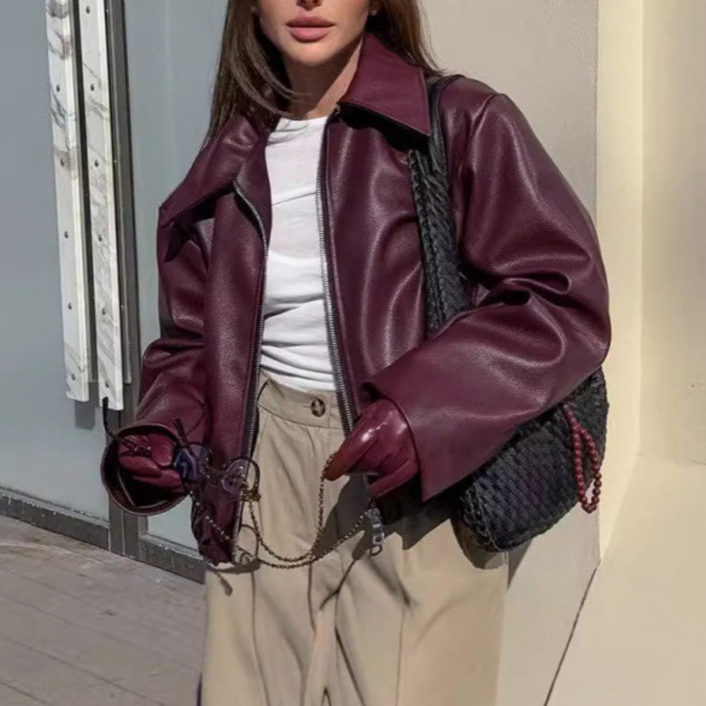 designer Motorcycle Style Winter Loose Fashion Leather Jacket New Women Coat