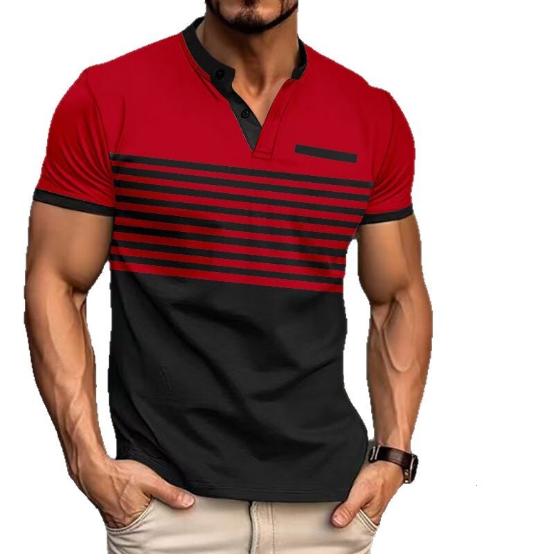 Summer Men's Casual POLO Shirt V-neck Striped Button Flip Collar Short Sleeve 2025 Top for Men