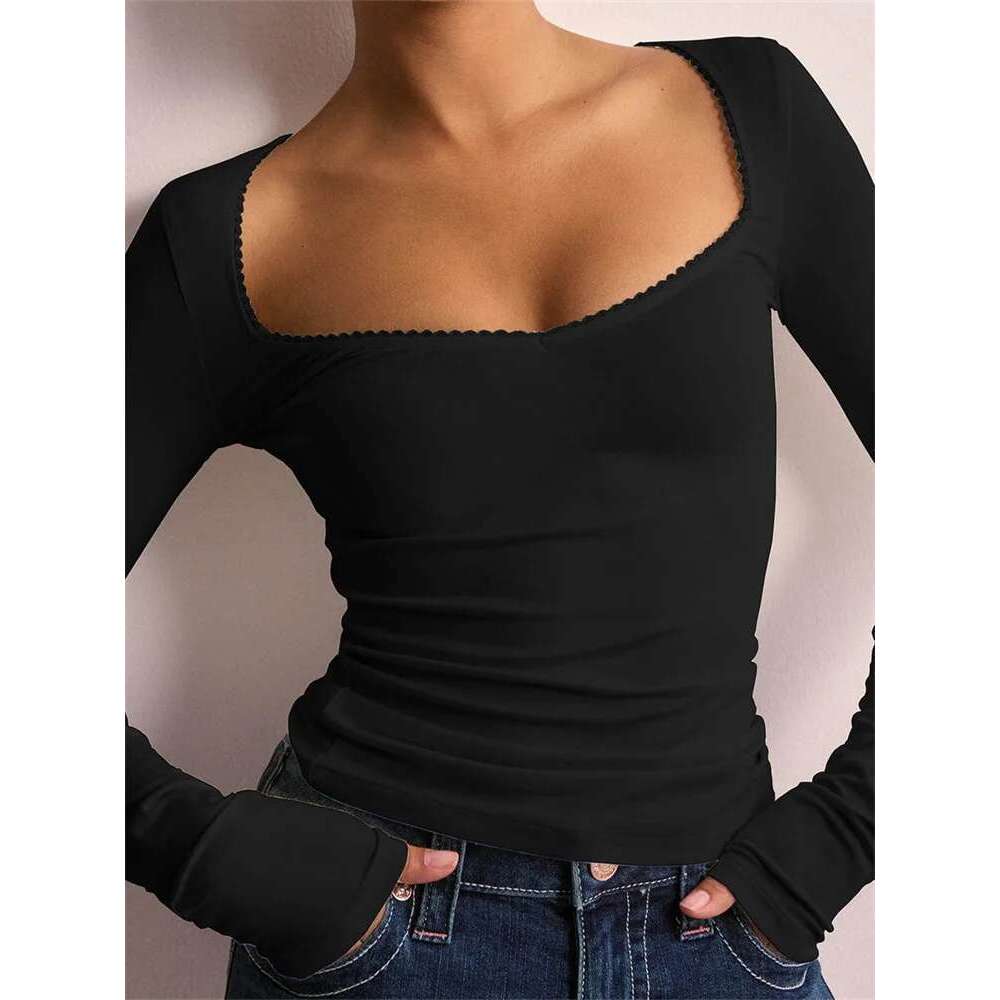 CHRONSTYLE Women T-shirts Long Sleeve Low-cut Lace Trim Solid Color Slim Fit Ladies Spring Fall Tops Streetwear Tees Shirts