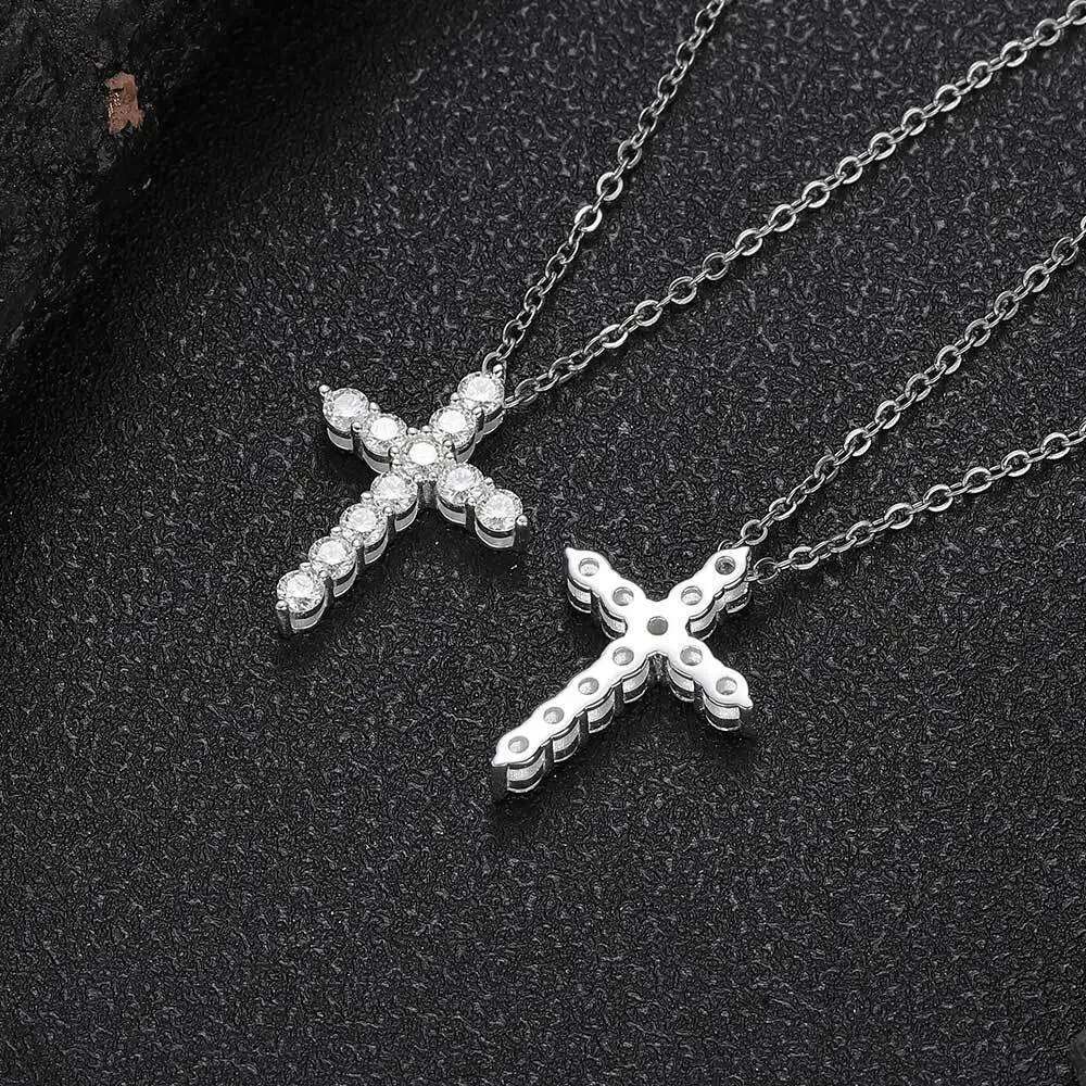 Full Moissanite Cross Pendant Necklace Stainless Steel O-Chain Plated 18k White Gold S925 Sterling Silver Necklace For Women