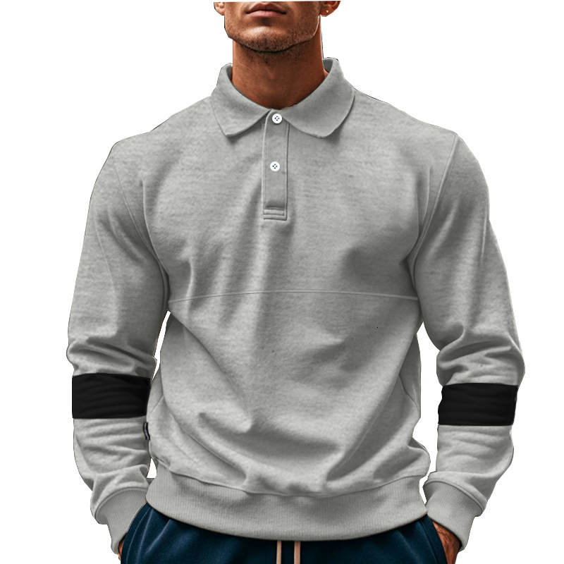 Autumn and winter American style lapel buckle long sleeved polo men's T-shirt loose color blocked oversized base shirt