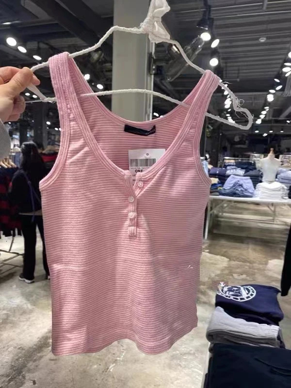 Retro cut top womens summer three button sleeveless cotton vest ultrathin pink striped Y2k 250414Z