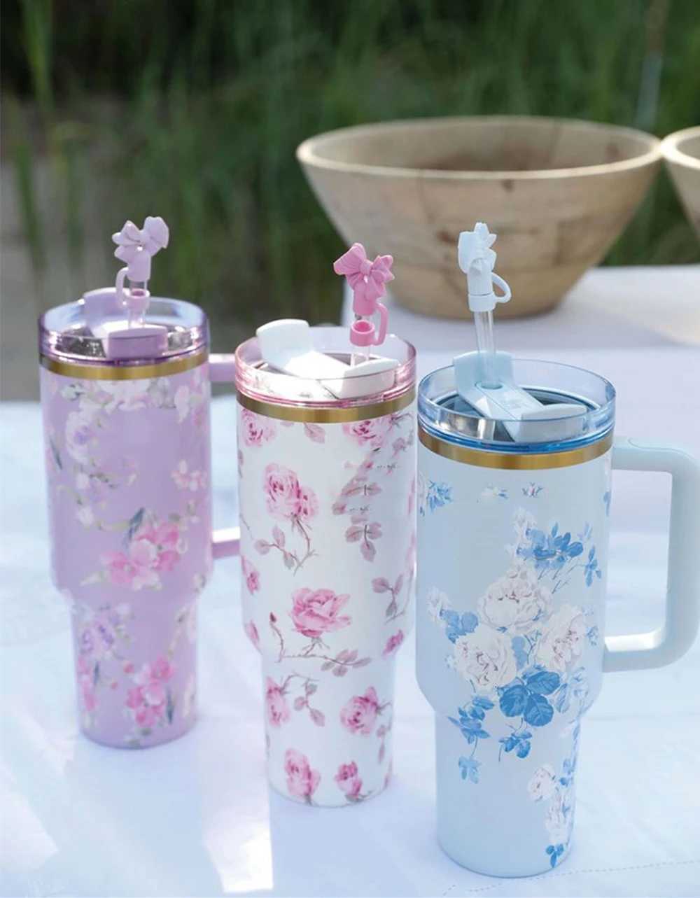 Spring Engraved Floral Tumbler Mug 40oz Premium Stainless Steel Tumbler with Silicone Handle Vacuum Travel Home and Outdoors C251114