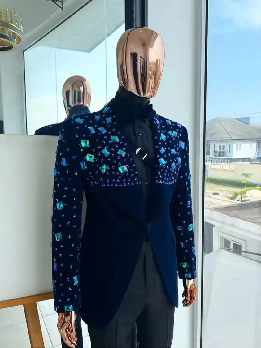 Elegant Men's Suit Tailored Crystal Shawl Lapel Blazers 2 Pieces Set Beading Groom Jacket One Button Custom Made Prom Party Coat Jacket Black Pan