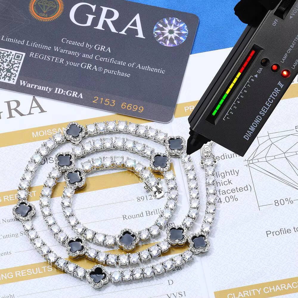 Hip Hop Fashion Jewelry 4mm Iced Out Moissanite Tennis Chain Black Four Leaf Clover Tennis Chain Necklace Gift for Men Women