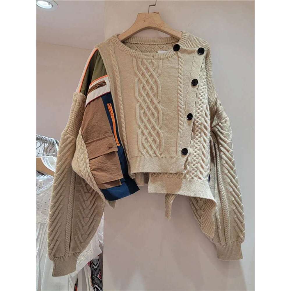 DEAT New Fashion Women's Irregular Patchwork Knitted Sweater 2024 Autumn Trendy Oblique Single Breasted Tops Female 33A2043