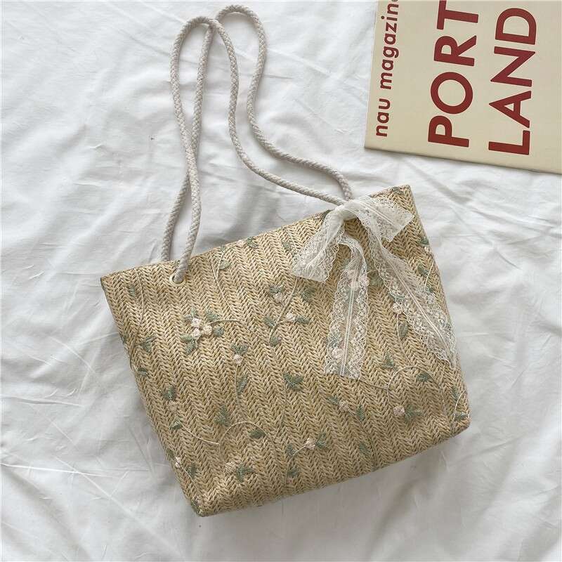 Handmade Beach Bag Grass For Women's New Versatile Small Fresh Bow Tie Lace Portable Shoulder Popular Woven Tote Bag Kq2