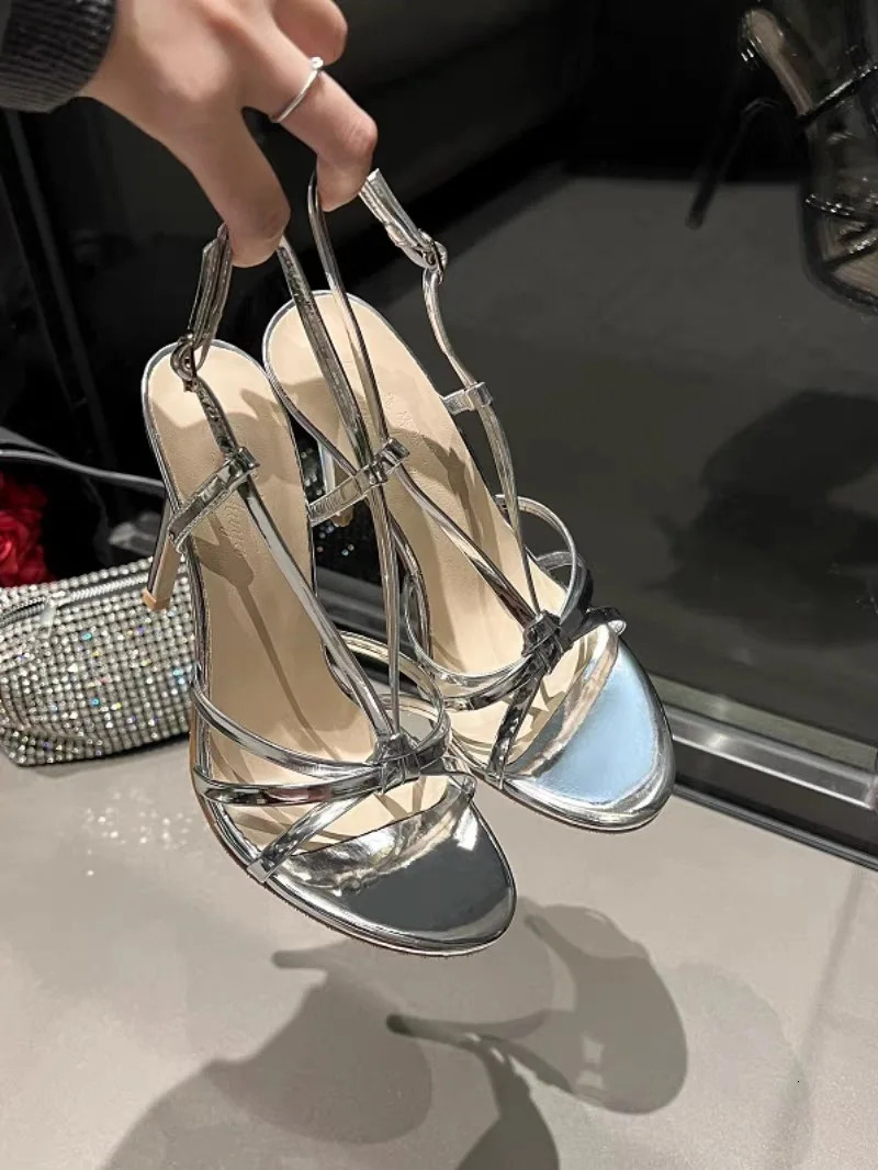 Summer Womens Pointed Back Empty Sandals One Word Button Sexy High Heels Womens Sandals Fairy Style Party Dress Shoes 250411