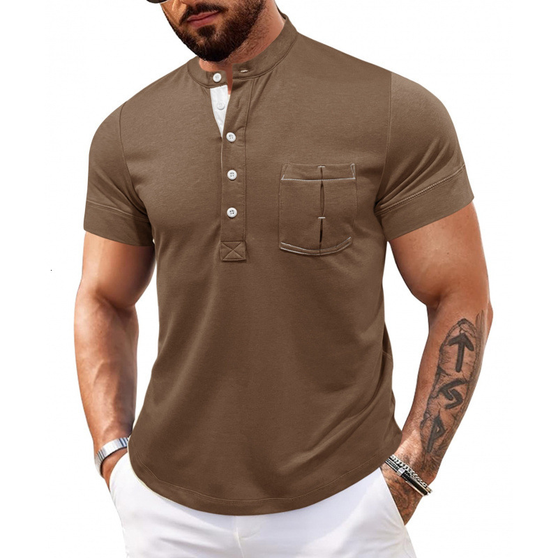 Mens short sleeved Henry shirt fitness tough guy mens T-shirt high-end cotton top summer