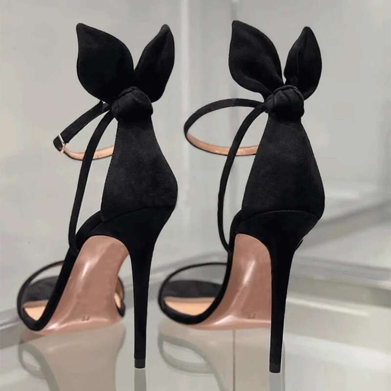 Women Bunny Ear Sandals, Black Bow Summer 2024 New Open Toe Sexy e Belt Party Heels, Women's Shoes