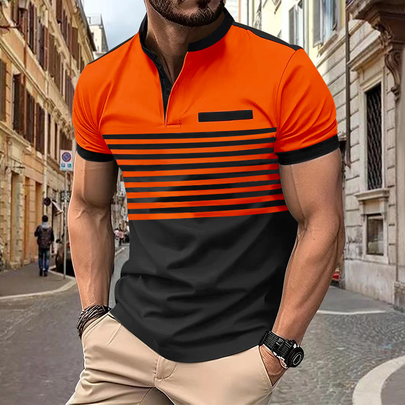 New contrasting striped short sleeved men's casual POLO shirt V-neck button top for men