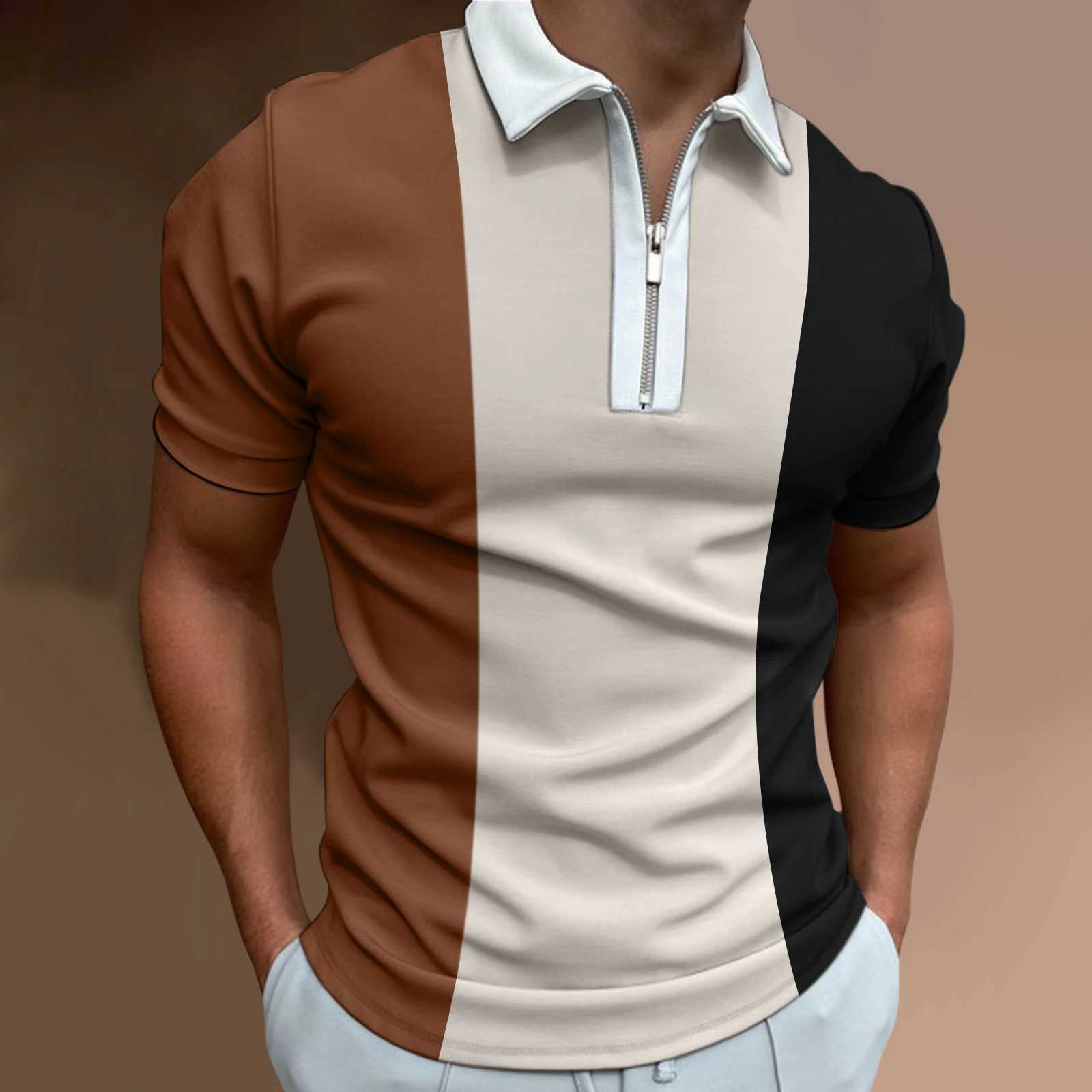 Mens solid color striped polo shirt short sleeved golf lapel zipper polo shirt and mens casual streetwear summer top W250414