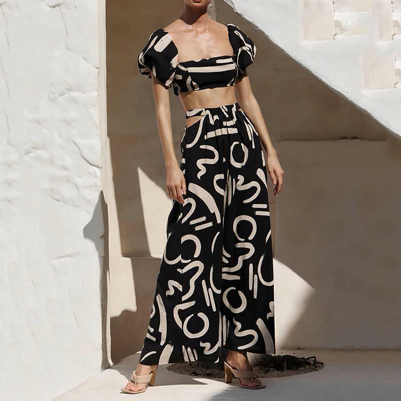 Two piece fashionable new printing solid color foam Sve zipper breast packaging crop top and hollow waist big hem dress for womenXJ250414