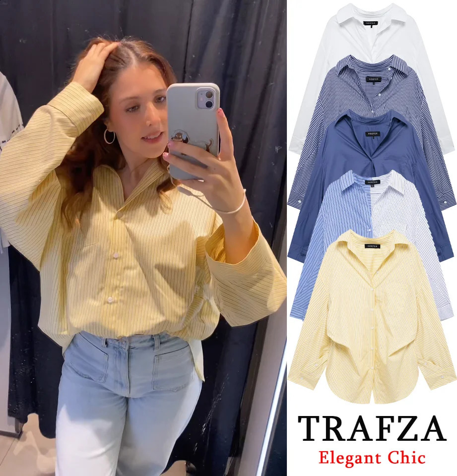 TRAFZA Women Casual Loose Shirt Butter Yellow Shirts 2025 Spring Summer Holidays High Street Shirts Versatile Shirt 250411