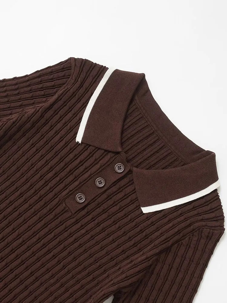 TRZA Womens Fashion Front Button Cable Knitted Mini Dress Polo Neck Short Sleeve Tank Top Unprinted Good Product 250414