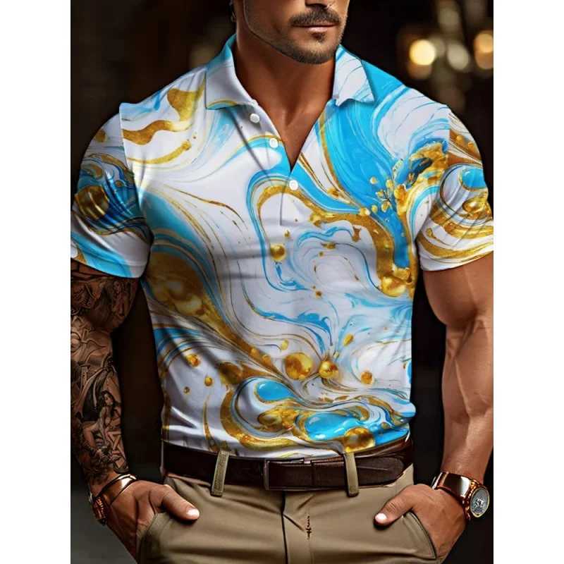 3D printed color geometric polo shirt mens luxury texture pattern T-shirt casual lapel top loose short sleeved street T-shirt W250414