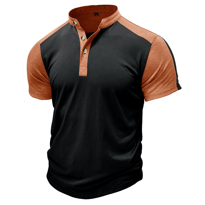 Mens Outdoor Sports Henley Shirt Mens Short sleeved Standing Neck T-shirt Fitness T-shirt Top