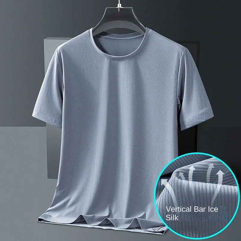 Plus Size L-8XL Ice Silk Traceless T-shirt Quick Drying Mens Light Solid Color Half Sleeve Top Silk BreathableMen T Shirt 250411