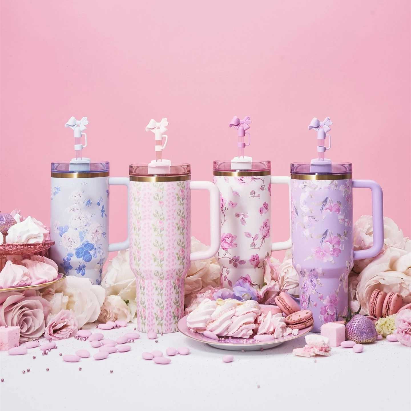 Spring Engraved Floral Tumbler Mug 40oz Premium Stainless Steel Tumbler with Silicone Handle Vacuum Travel Home and Outdoors C251114