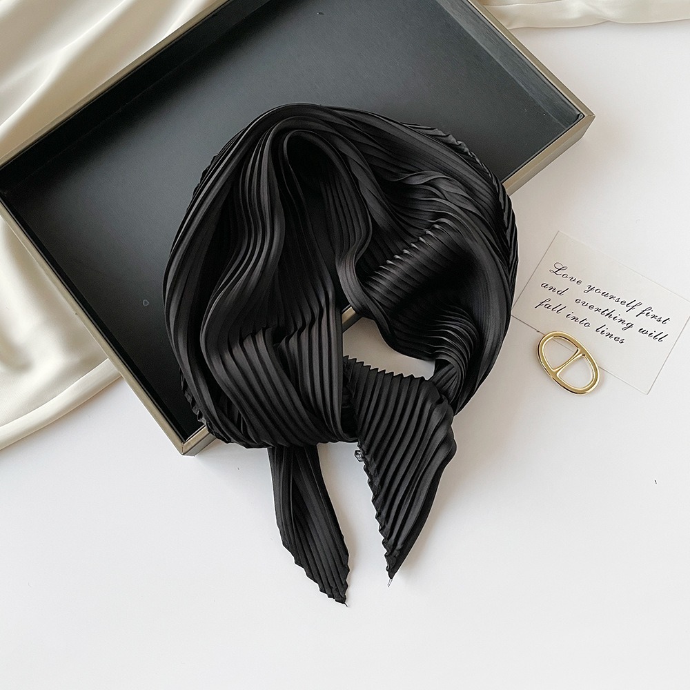 K390 Solid color 70cm pleated small silk scarf for women Japanese and Korean small fresh headscarf neck scarf small shawl fashion