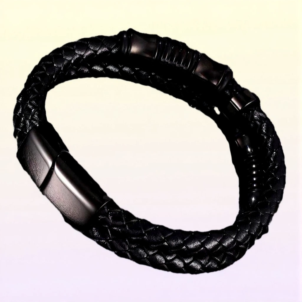 Double Woven Leather Bracelet For Men Punk Jewelry Black Stainless Steel Magnetic Clasp Wristband Fashion Bangles Gifts Bangle