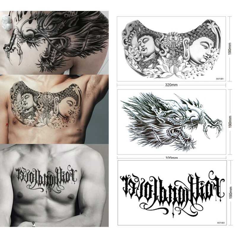 Cool Dragon Flower Buddha Temporary Tattoo Sticker on Chest Waterproof Punk Neutral Sexy Fake Letter Tattoo Female SummerXJ25414