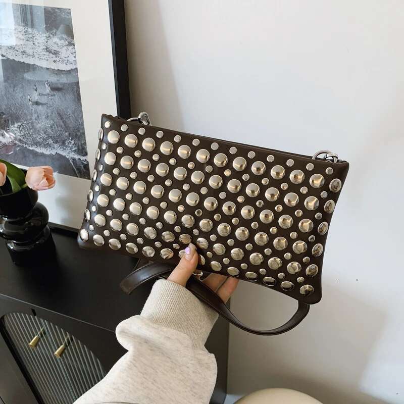 Women Fashion Rivets Handbag Adjustable Strap PU Leather Studded Crossbody Punk Shoulder Girls Daily Bag