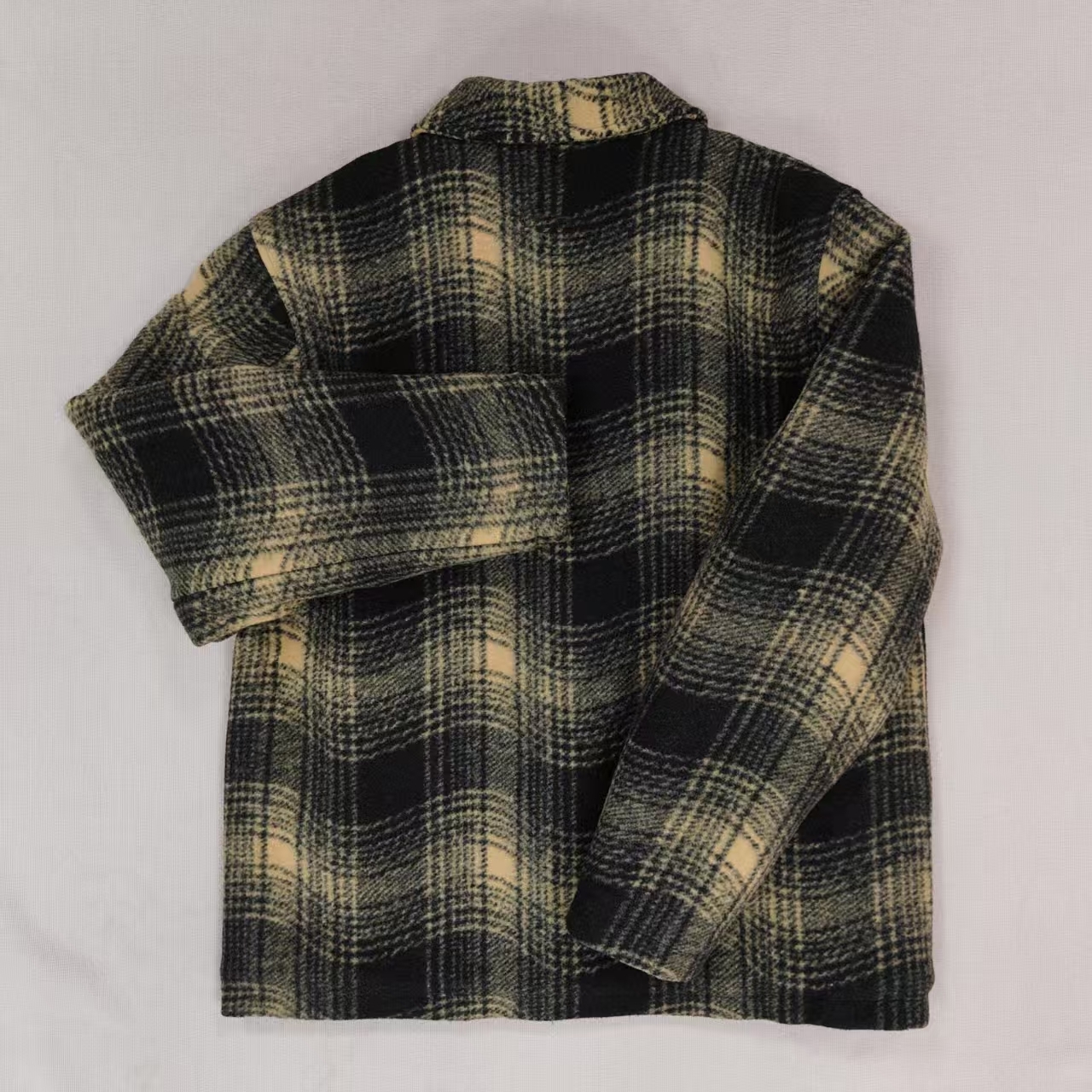 Men's Plaid Quilted Tweed Zip-up Jacket Black and Yellow Shirt style Lined Filled Loose Coat for Casual Streetwear