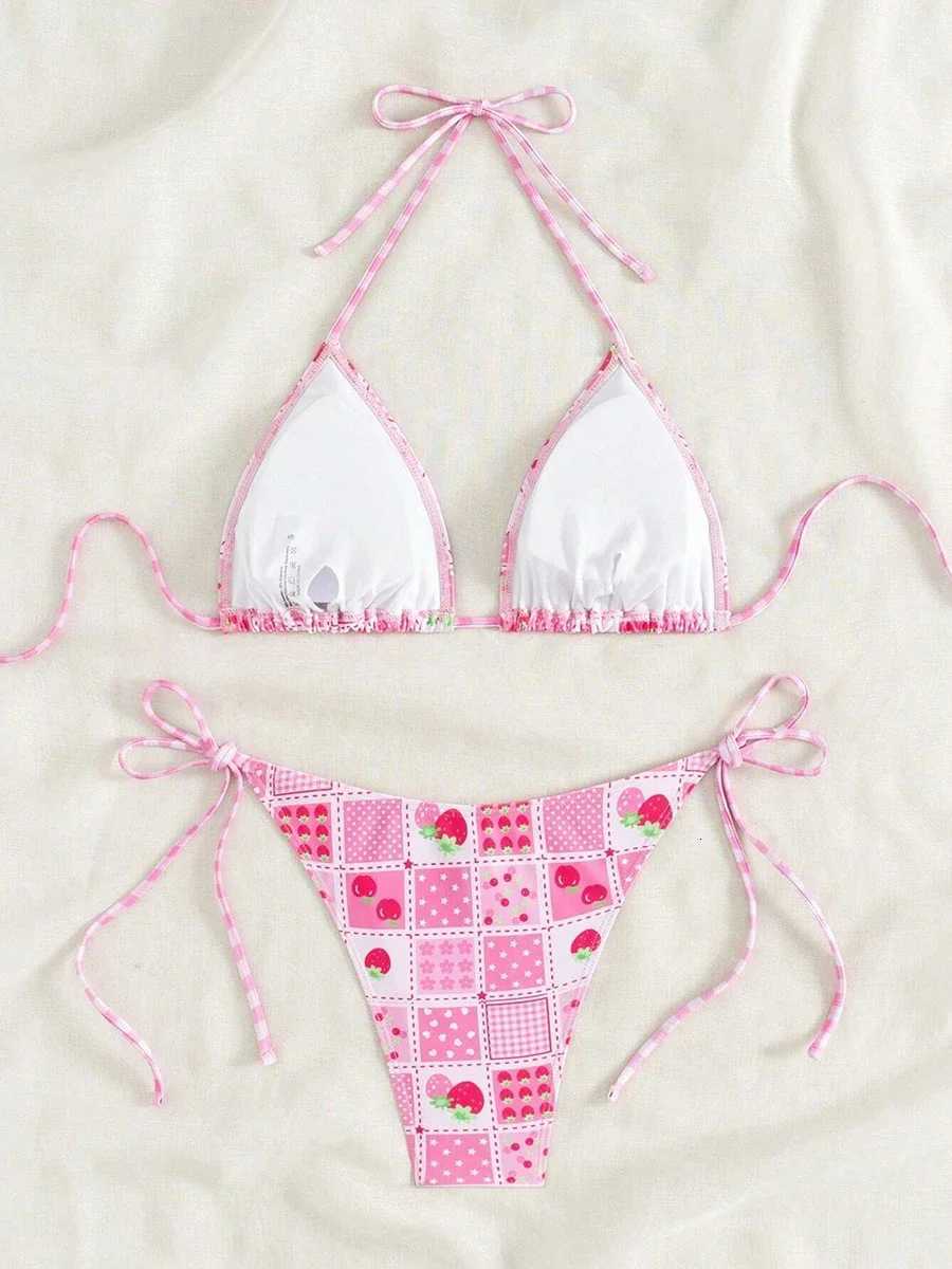 Swimsuit 2025 Female Micro Bikini Women Swimwear Summer Beachwear Womens Bathing Suit Floral Print Neck Halter Thong Bikini SetW251113