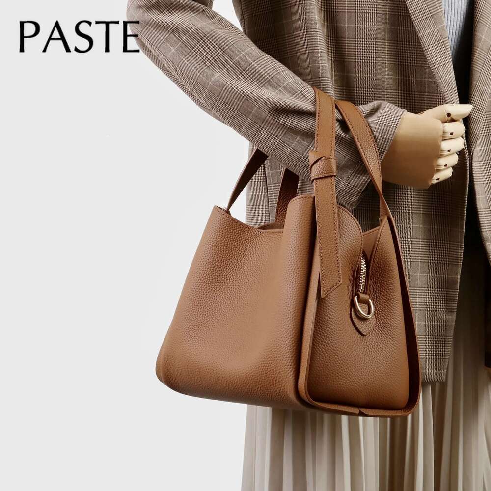 Advanced And Trendy First Layer Cow Leather Bucket Tote Grey Top Quality Thick Cowskin Commuter Female Shoulder Bag For Shopping