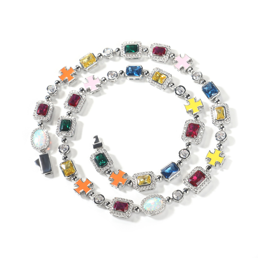 High Quality Hip Hop Colored Gemstone Cross Tennis Chain Necklaces Bracelet Men Women Jewelry